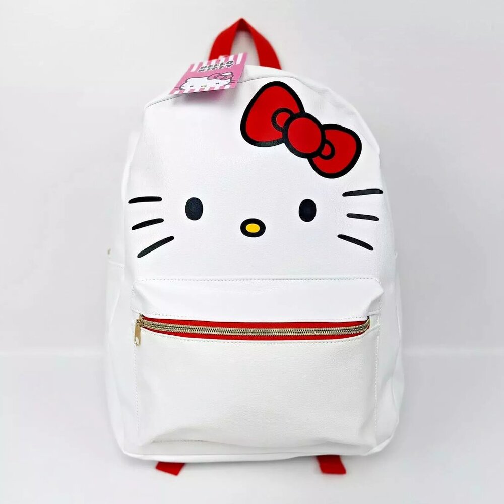Sanrio Hello Kitty Backpack 16” White Leather Big Face with Gold Zipper
